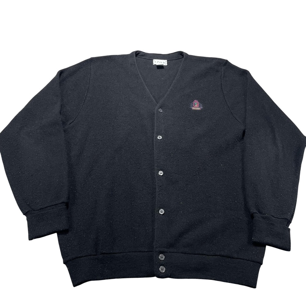 Vintage IZOD Sweater Mens XLT Black Acrylic Knit Button V Neck Cardigan Logo USA